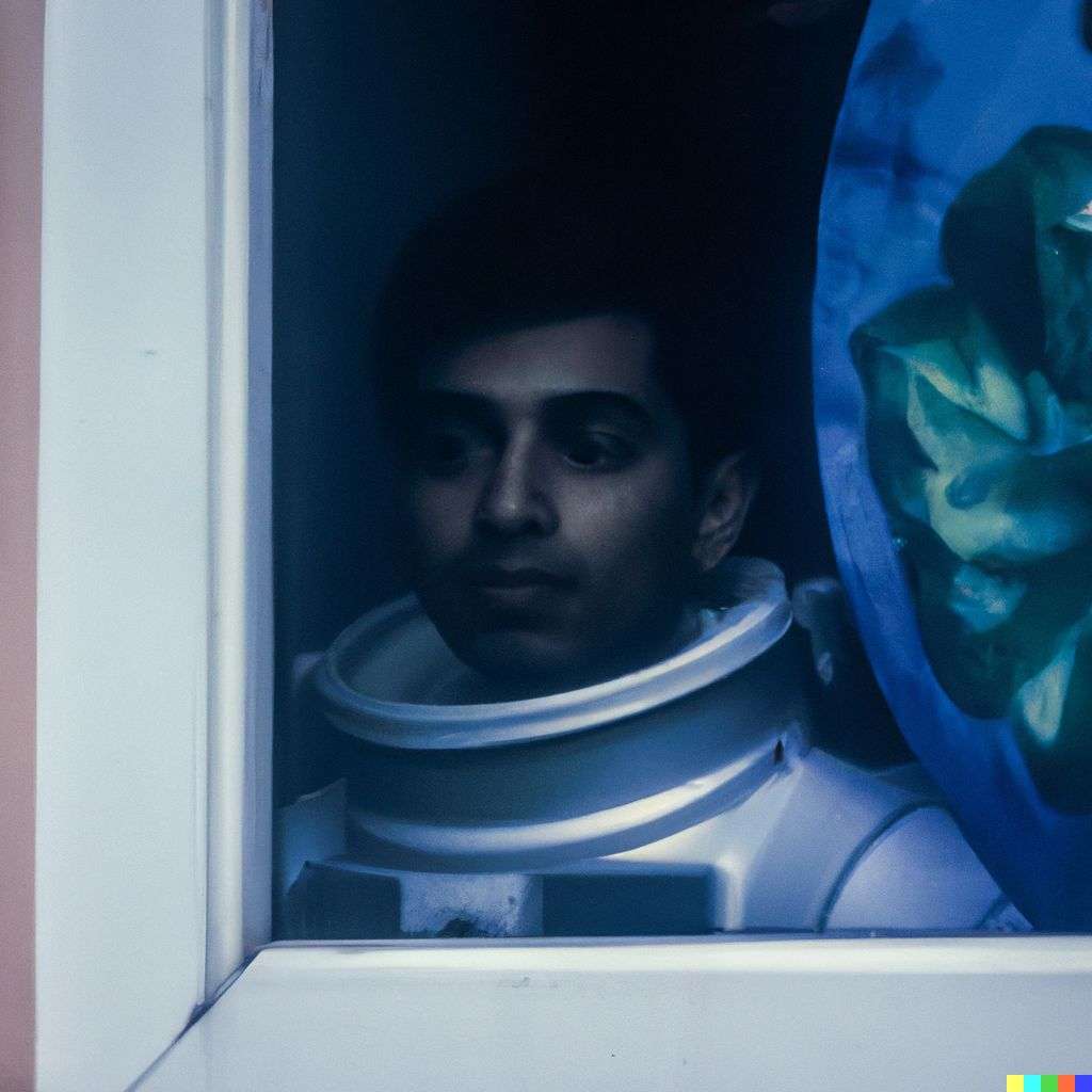 a photograph of an astronaut seen through a window